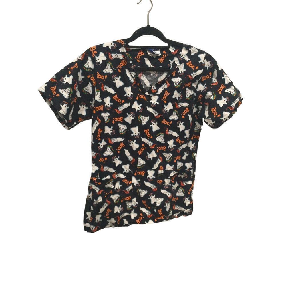 Landau scrub top womens S black ghost boo orange festive halloween‎ nursing fun